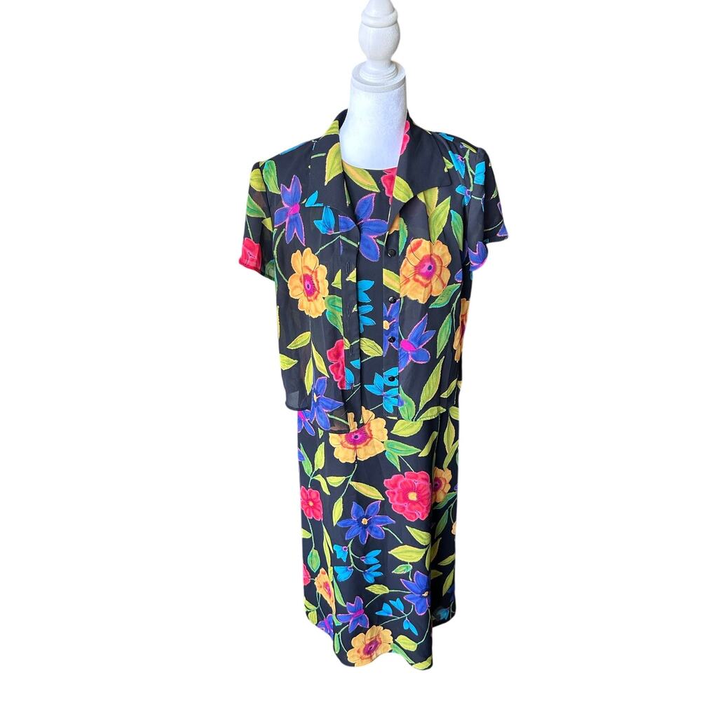 Vintage Black Floral 2 Piece Dress Set Sheer Blouse Midi Shift Womens 8 Petite